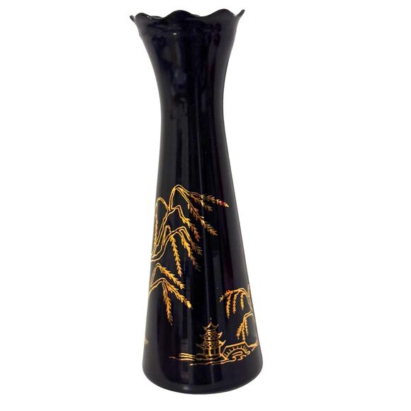 Vintage Black Glass Vase Gold Pagoda & Willow Tree Design - Picture 2 of 11